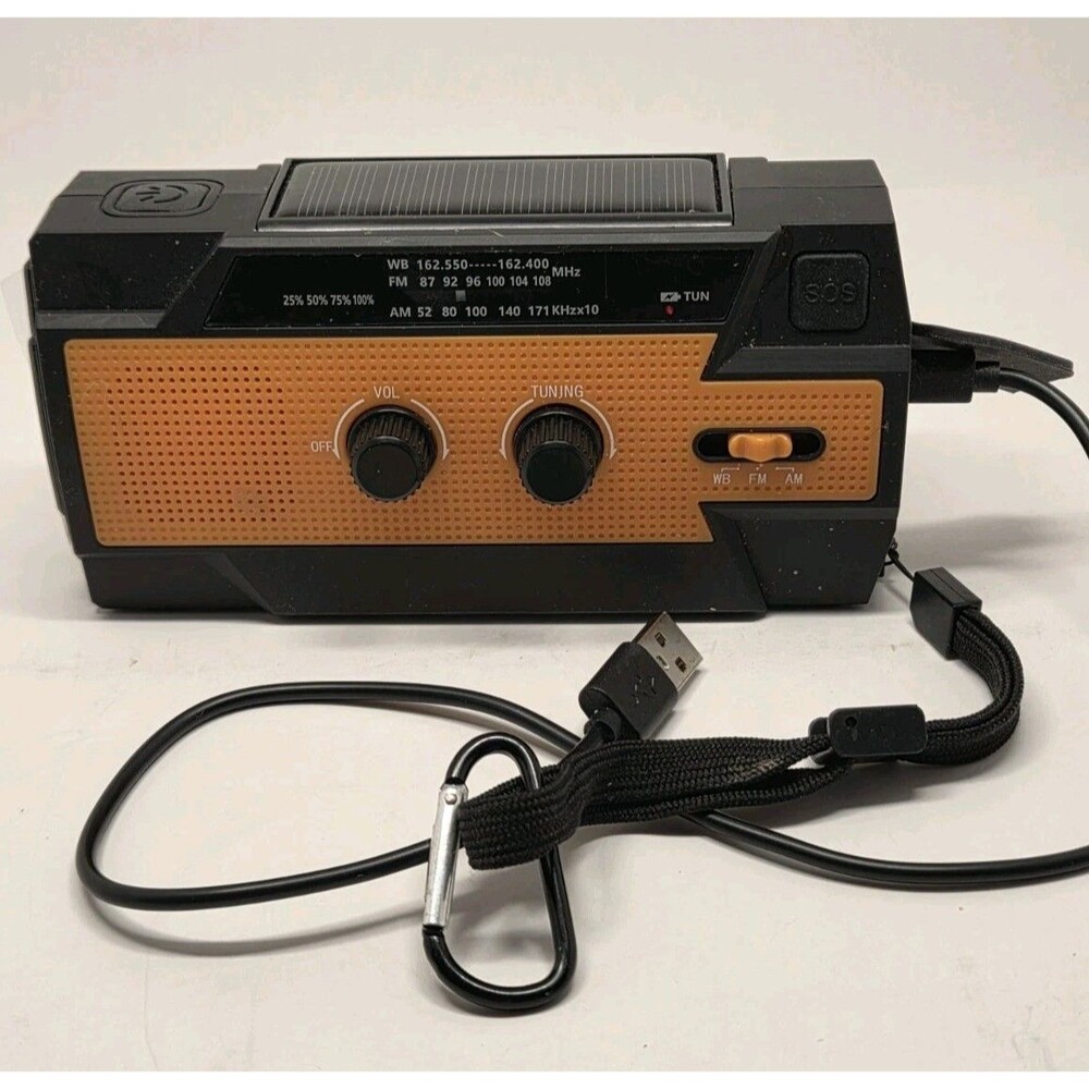 Emergency Weather Radio Solar Hand Crank AM FM WB Flashlight SOS Orange Black